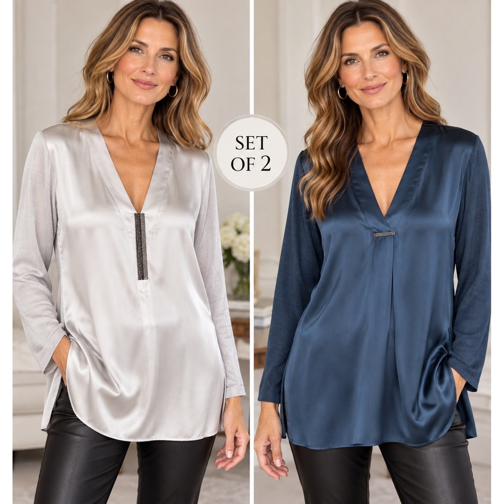 ETC Etcetera Mixed Media Silk Tunics Set of 2 Silver Navy Blue V-Neck Size 12